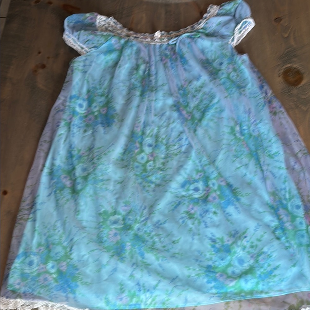 Vintage Slumber Suzy nightwear . Floral Blue and Green  with Lace Trim.